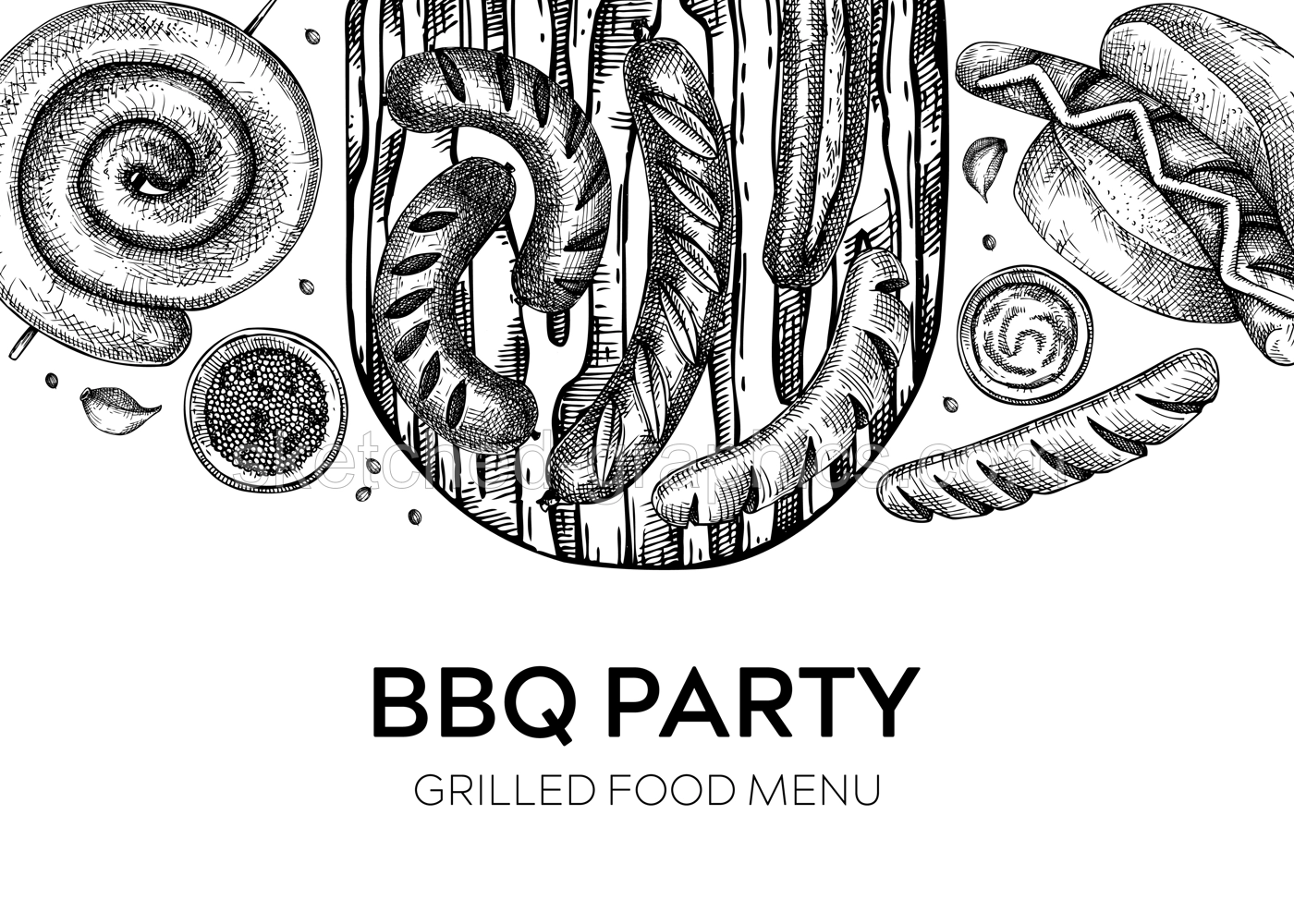 Grilled sausage banner. Hand-drawn fast food illustration. Barbeque party sketched banner. German food and meat products sketches. Oktoberfest background for menu or packaging design Illustration